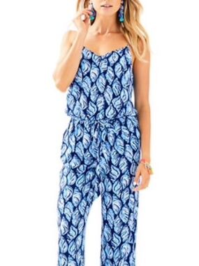 ✨Lilly Pulitzer High Tide Seashell Print Dusk Blue Jumpsuit Size Small